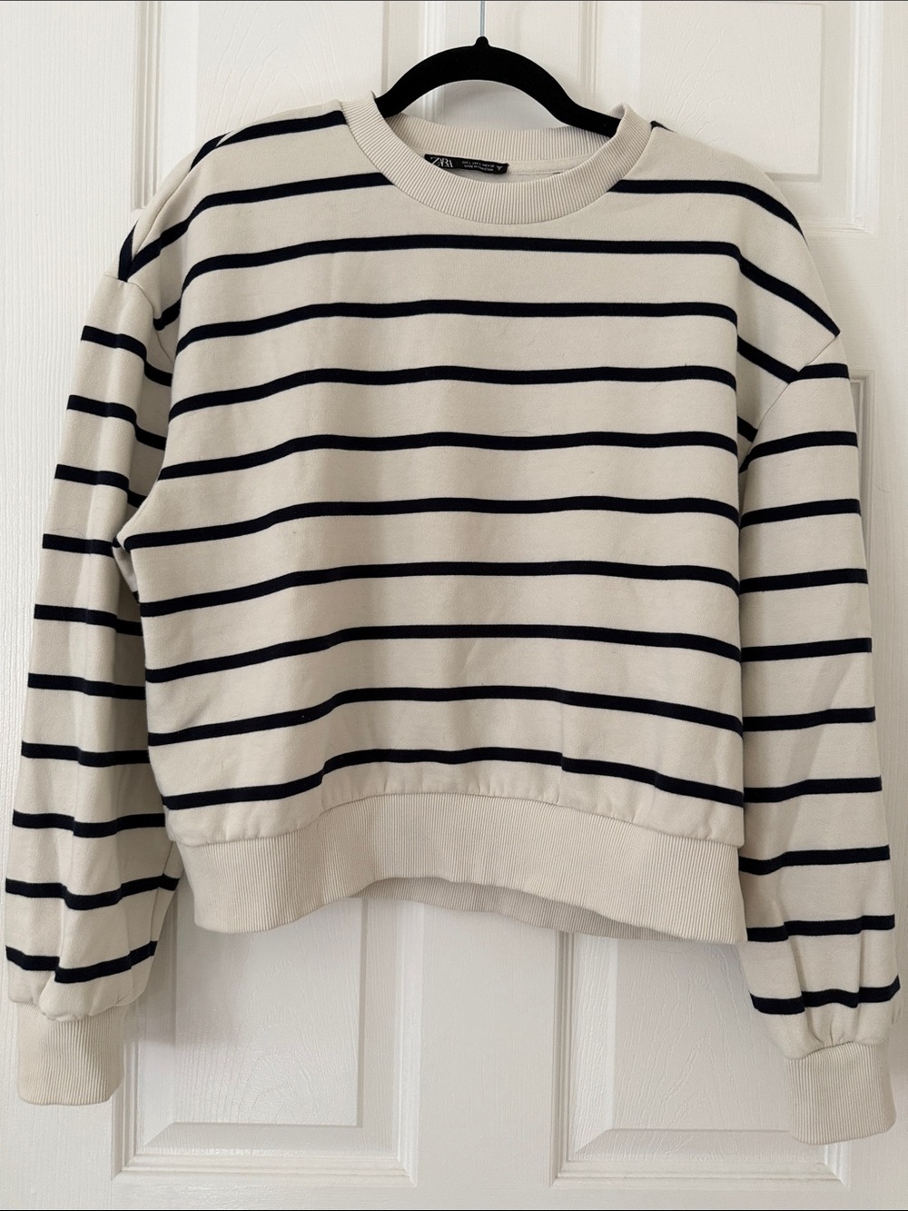 Zara Cream Crewneck Sweater with Black Stripes